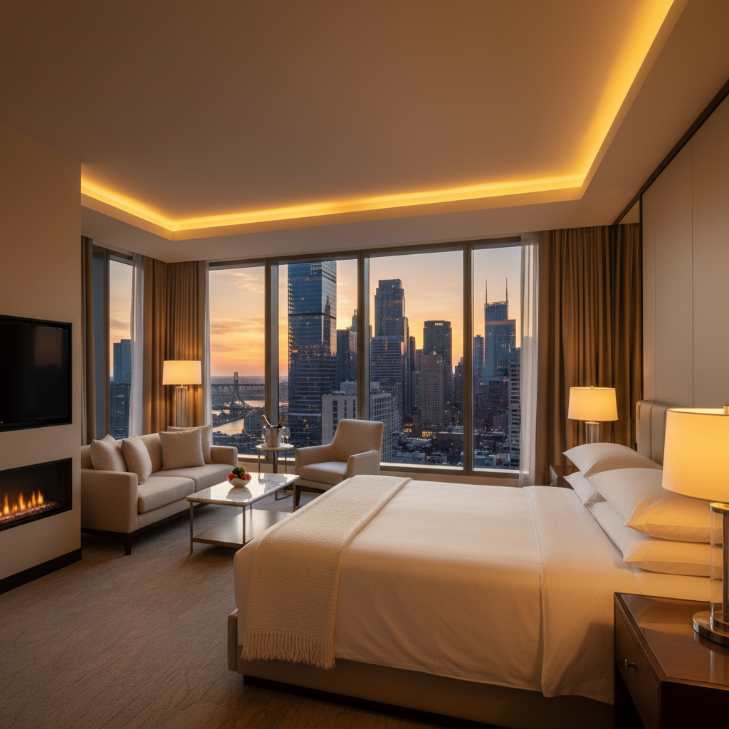A luxurious hotel suite interior with a panoramic view of a modern city skyline at sunset featuring crisp white linens on a king-sized bed and warm ambient lighting.