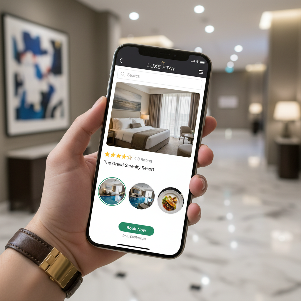 Close-up of a hand holding a high-end smartphone displaying a stylish hotel booking mobile application with star ratings and attractive room photos.