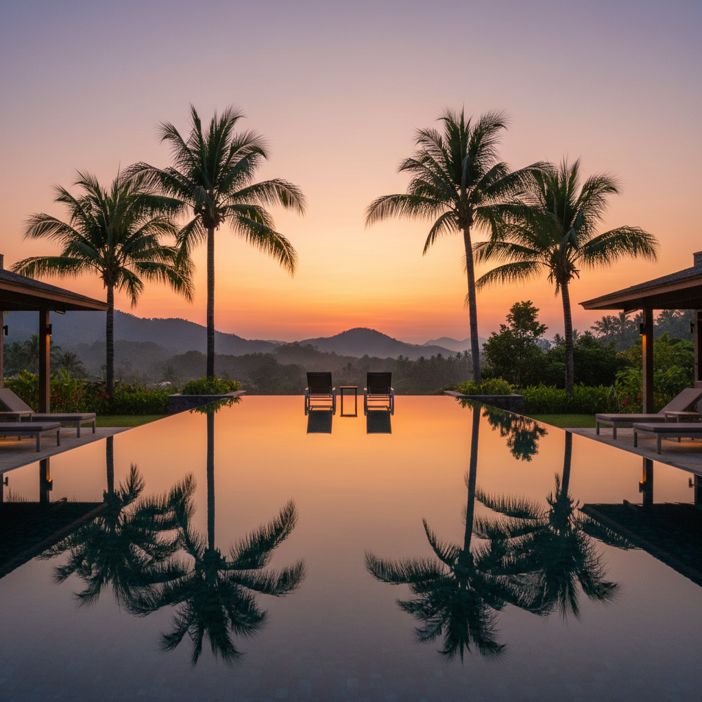 A serene infinity pool at a tropical resort during the golden hour with silhouettes of palm trees and elegant lounge chairs reflecting on the calm water.
