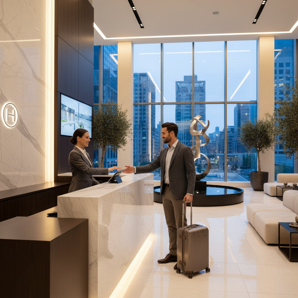 A modern and minimalist hotel lobby reception desk where a professional staff member is welcoming a guest with a suitcase conveying excellent service.