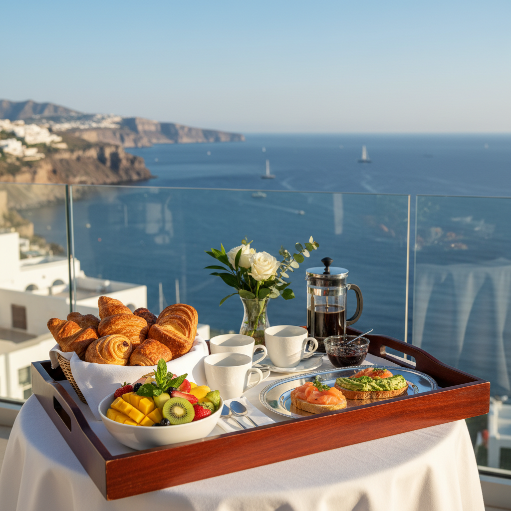 A gourmet breakfast tray set on a private hotel balcony overlooking the turquoise Mediterranean sea featuring fresh fruits pastries and coffee.