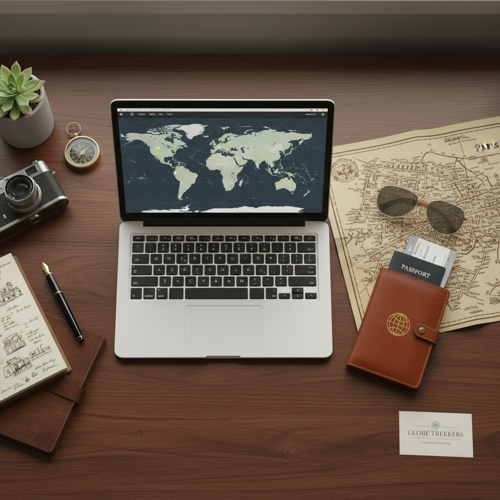 An overhead shot of a traveler's wooden desk featuring a laptop a leather passport holder a pair of sunglasses and a city map illustrating travel planning.