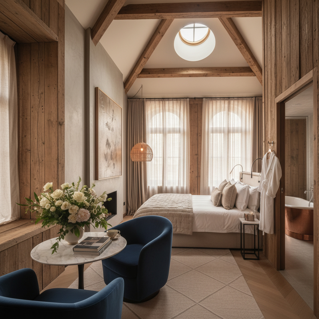A cozy boutique hotel room with unique architectural details soft lighting and a small sitting area with a bouquet of fresh flowers on the table.