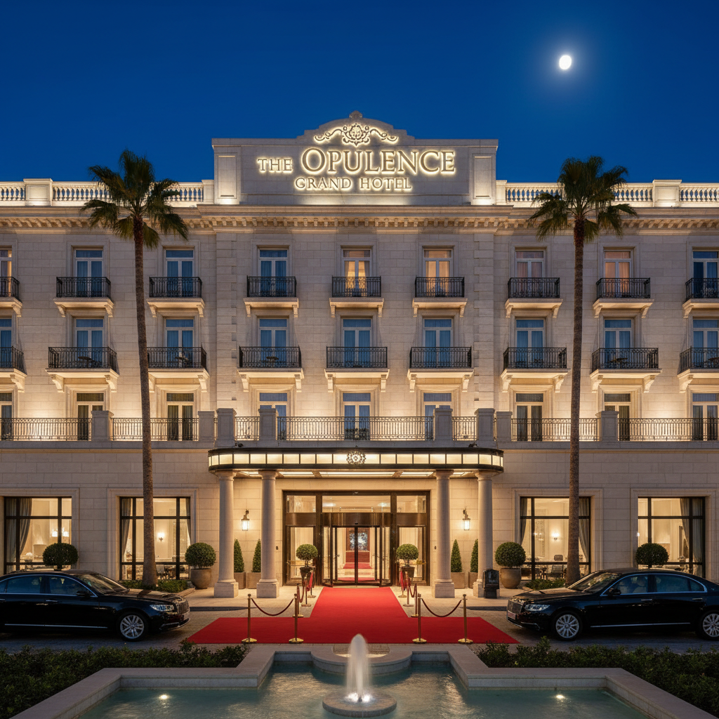 A wide-angle shot of a grand hotel facade at night with elegant architectural lighting and a red carpet entrance symbolizing a premium stay experience.